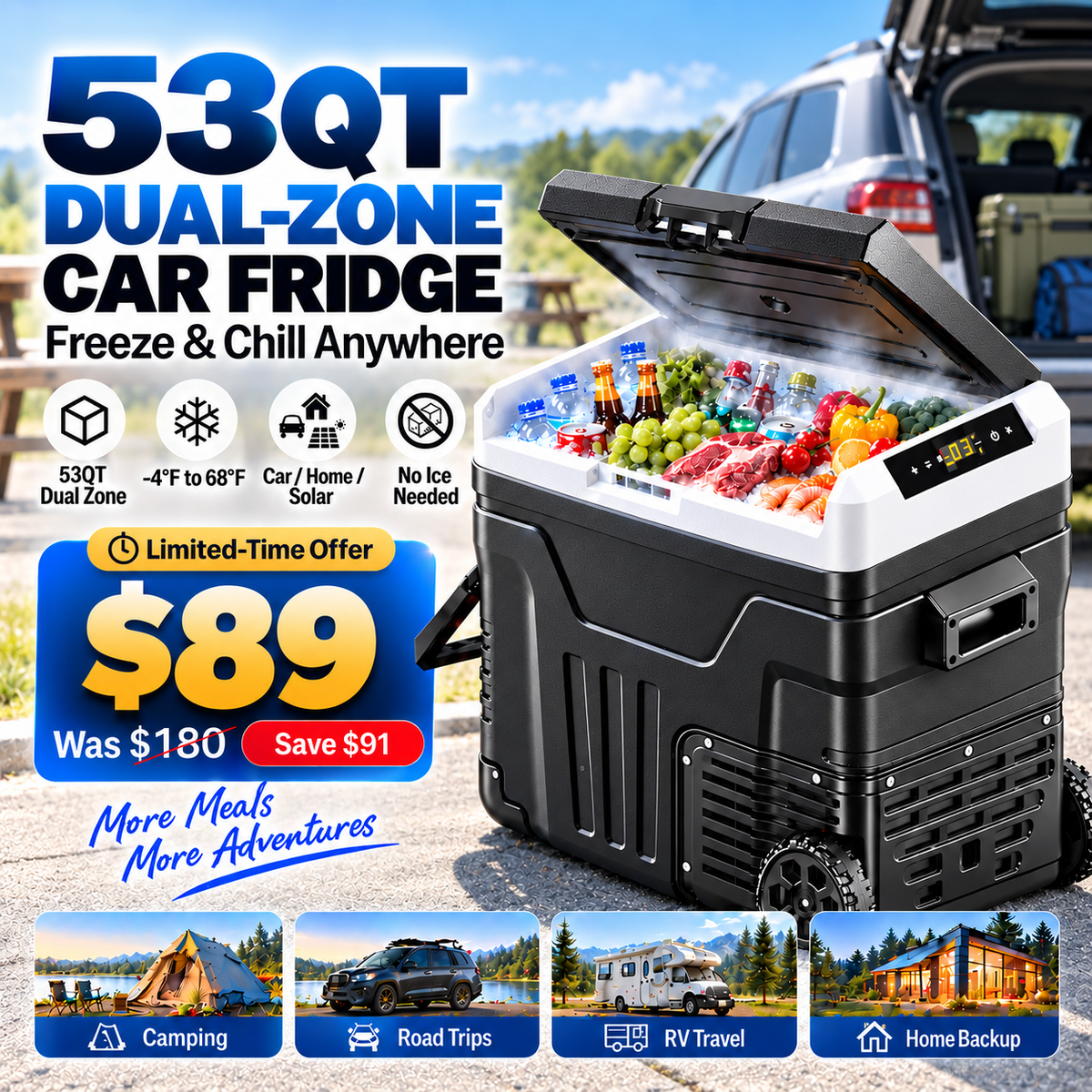 53QT 12V Portable Car Refrigerator – Dual Zone Fridge & Freezer